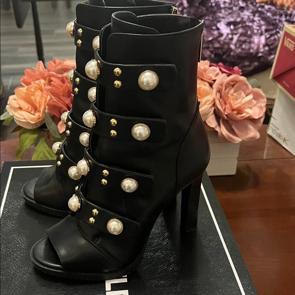 Karl Lagerfeld Black Heeled Boots with Pearl Accents - Picture 2 of 11